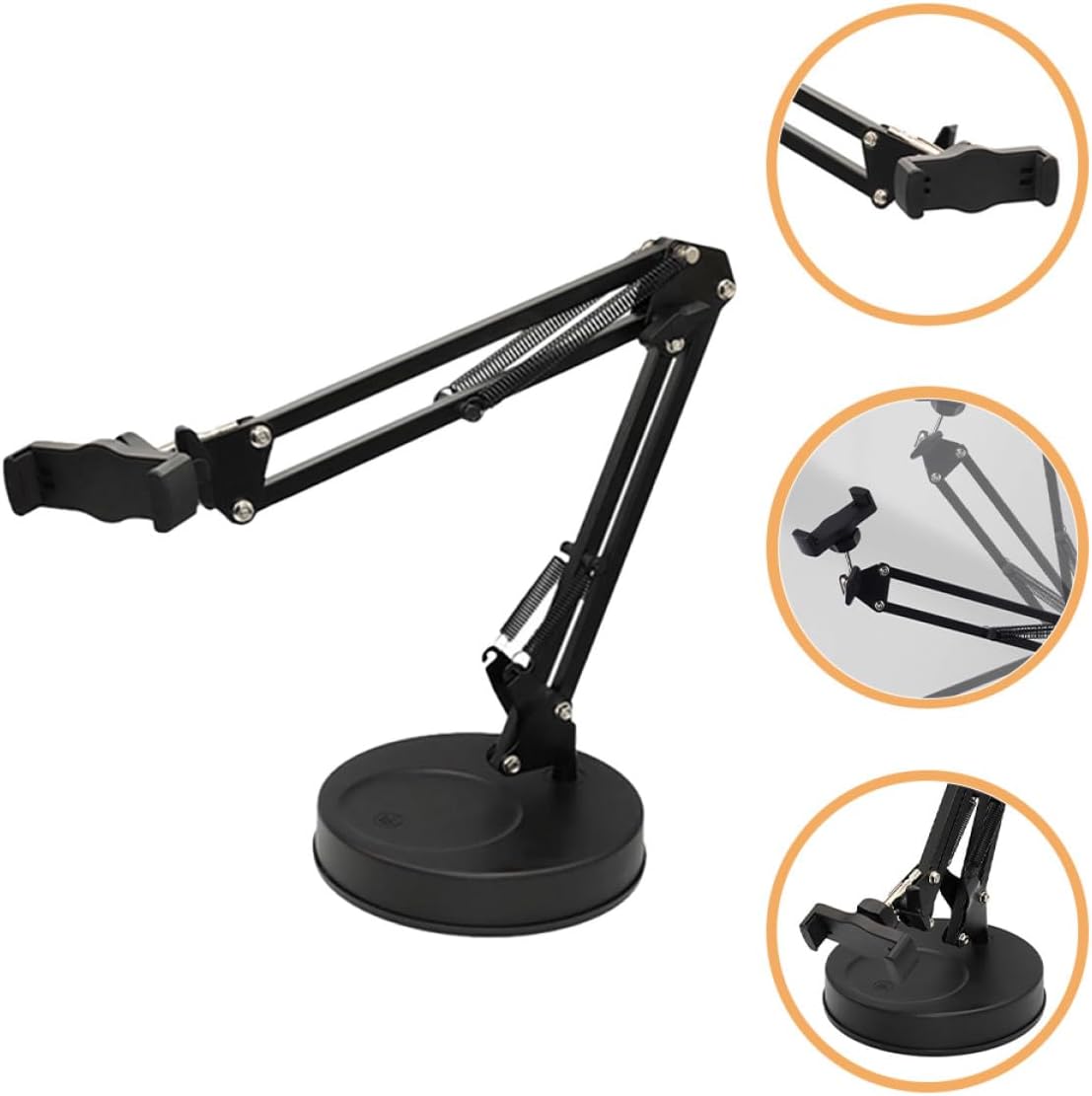 Adjustable Desk Phone Holder with Weighted Base for Live Streaming and Filming, Portable Black Mobile Phone Mount Compatible with Smartphones