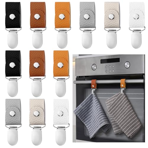 Zonon 12 Pcs Leather Towel Clips for Kitchen Hanging Tea Towel Holder with Ring for Kitchen Bathroom Oven Handle Dishwasher Cabinets Stoves Rods or Racks