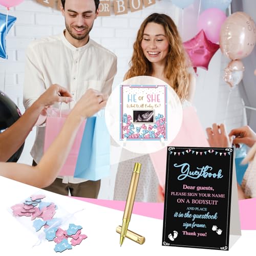 Image of Beeveer 65 Pcs Gender Reveal Baby Shower Guest Book Alternatives He or She Gender Reveal Decorations Sign in Guest Book with Picture Frame and 60 Wooden Chip for Baby Shower He or She Party Keepsake