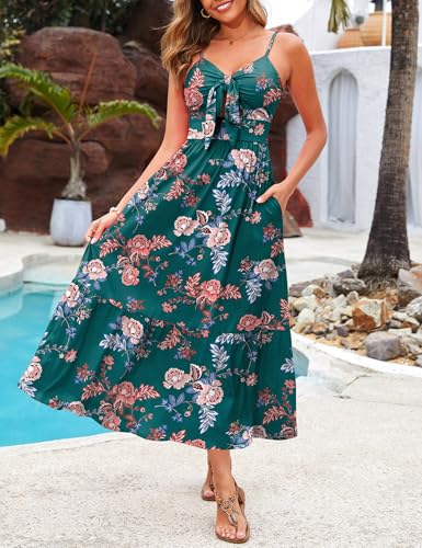 Image of Kranda Women 2026 Summer Sundress High Waist Tie Front Spaghetti Strap Long Beach Floral Tiered Maxi Dress with Pockets