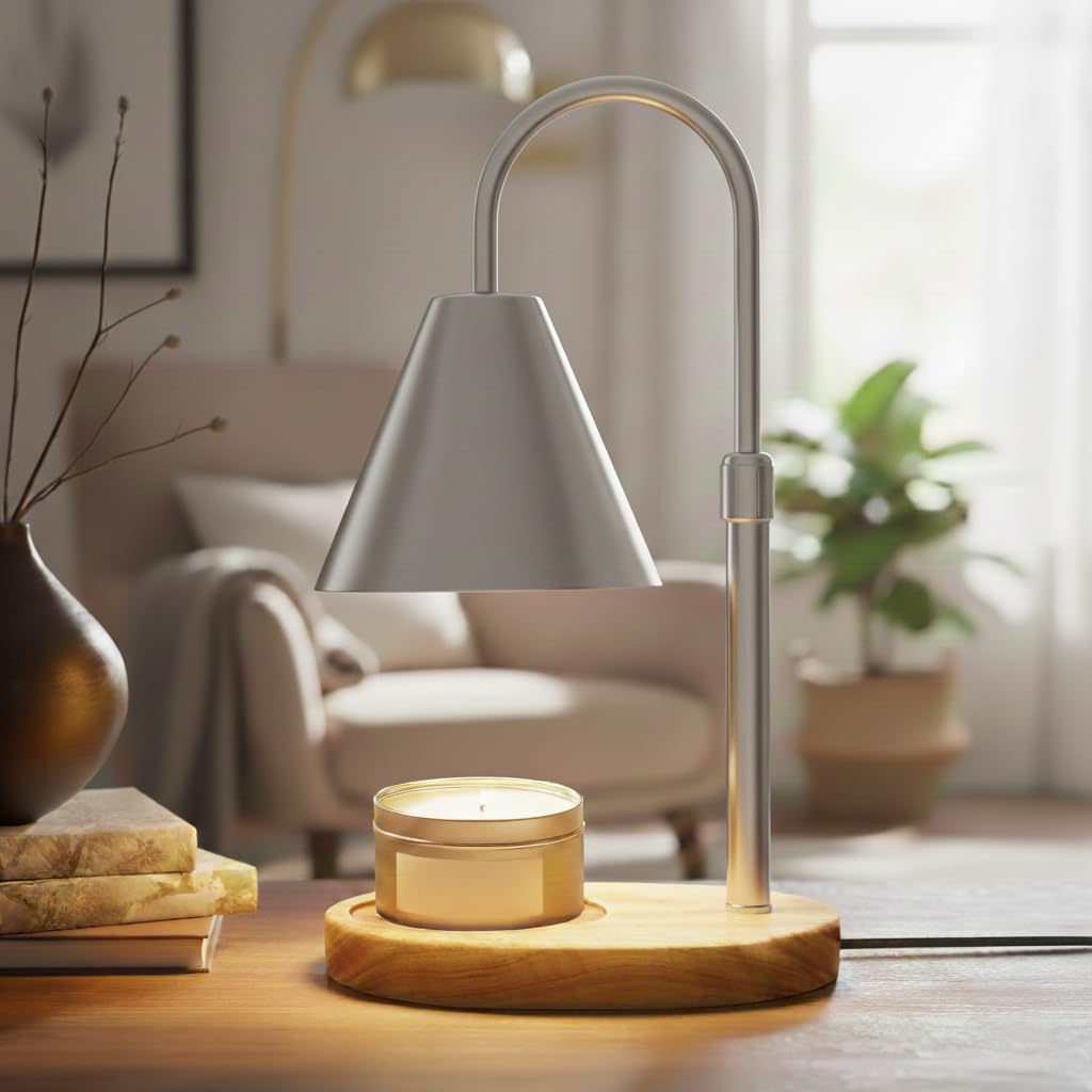 Candle Warmer Lamp – App-Controlled Dimmable Warmer Light with Timer & Adjustable Height – Modern Flameless Silver Candle Melter lamp with Wood Base for Jar Candles– Gift for Mom & Women