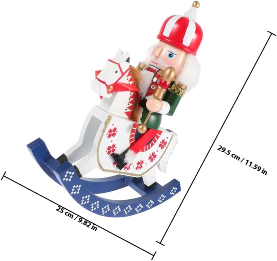 30cm Wooden Rocking Horse Nutcracker Figurine Red Christmas Nutcracker Ornament Tabletop Decoration for Holiday Home Seasonal Display