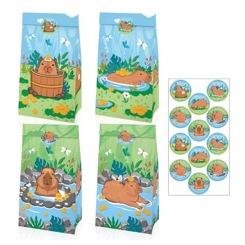 JAHEMU Capybara Bolsas de papel regalo bolsas de caramelos bolsas de dulces bolsas con pegatinas para cumpleaños, Navidad, bodas, fiestas, 12 Pieces