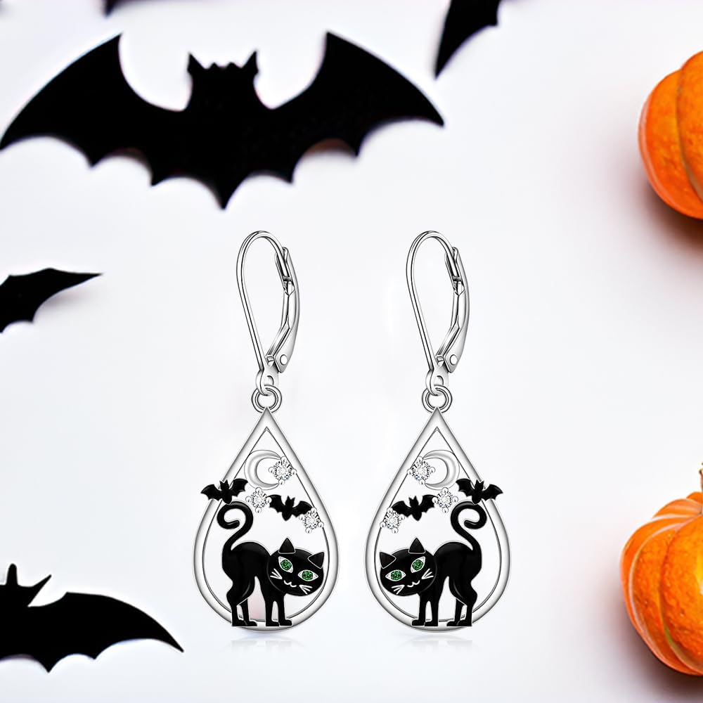 Black Cat Earrings for Women Bat Earrings Halloween Earrings Sterling Silver Dangle Moon White Gold Jewelry Christmas Gifts - Image 5