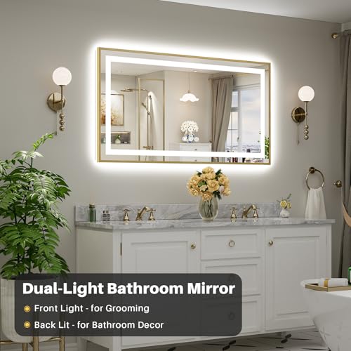 Image of 55x30 Inch LED Bathroom Mirror with Gold Frame, Backlit & Front Lit, Anti-Fog Lighted Bathroom Vanity Mirror for Wall, Memory Function, Dimmable, HD Tempered Glass, Shatter-Proof