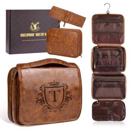 Aganmi Personalized Initial 3-in-1 PU Leather Hanging Toiletry Bag for Men