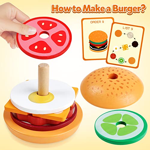 Hoonew Montessori Toys For 3 Year Old Wooden Burger Sorting Stacking Toys For Toddlers Preschool Educational Toys Fine Motor Toys For Kids Boys Girls (Burger) #TOP2