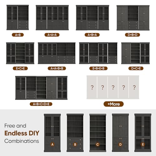 Image of ivaniti 70.8 inch Tall Bookshelf with Doors, Farmhouse Modular Bookcase with 4-Tier Adjustable Shelves, Large Storage Cabinet for Home Office, Living Room, Black, Set of 3