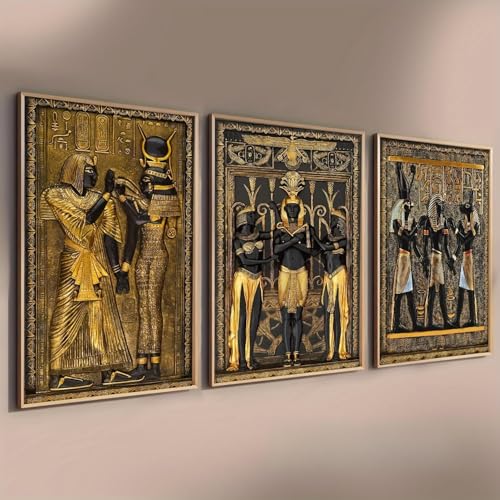 Peinture égyptienne vintage en toile noire et dorée avec cadre intérieur 20x30 cm