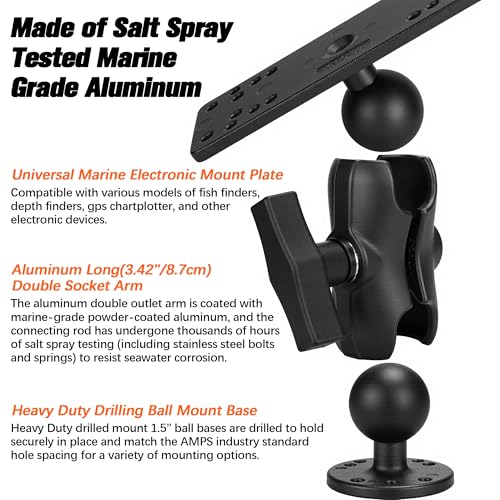 Image of Aluminum Fish Finder Mount with 1.5 inch /C Size Ball, 3.42 inch Aluminum Arm Marine Electronics /Depth Finder Mount. High Salt Water Resistant, compatible with Garmin, Lowrance, Humminbird, and More.
