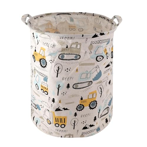 Toy Box Storage Basket for Kids - Large Foldable Toy Storage Laundry Hamper, Waterproof Cotton Linen Toys Basket with Handles, Laundry Hamper & Nursery Organizer (Construction Vehicle)