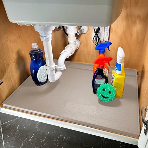 Xtreme Mats Trimmable Rubber Under Sink Cabinet Mat – Ultimate Waterproof Protection for Kitchen or Bathroom Cabinets with Patented Overflow Channels (Beige)