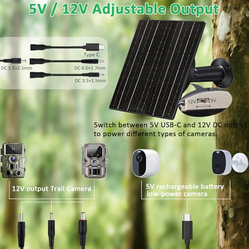 Image of FUTUREZEN Solar Panel for Trail Camera, 10W Solar Battery Charger with 10400mAh Battery, 5V /12V Adjustable Output, USB-C & DC Plugs, IP66 Waterproof, 360 Adjustable Mount, 9.8ft Cable