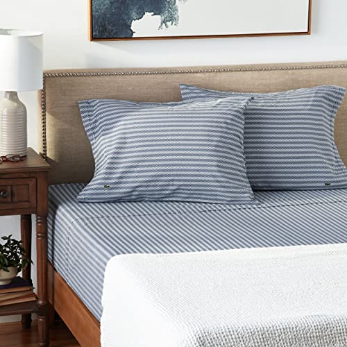 Image of Lacoste 100% Cotton Percale Sheet Set, Herringbone Print, Vintage Indigo, Full