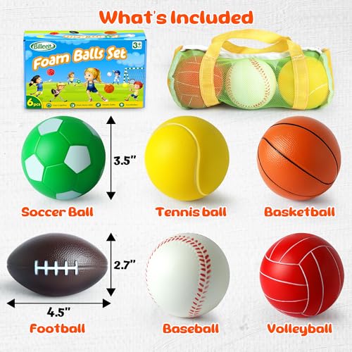 Billeeit Mini Sports Balls Set for Toddler 1-3 Kids 3+, First Sports Bag Include 1 Each of 3.5" Foam Soccer, Tennis Ball, Basketball, Football, Baseball, Volleyball, Fun Baby Ball Toys, Set of 6 - Image 3