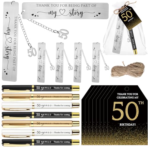 25 Sets 50th Birthday Favors: Pens, Bookmarks & Tags with Organza Bags