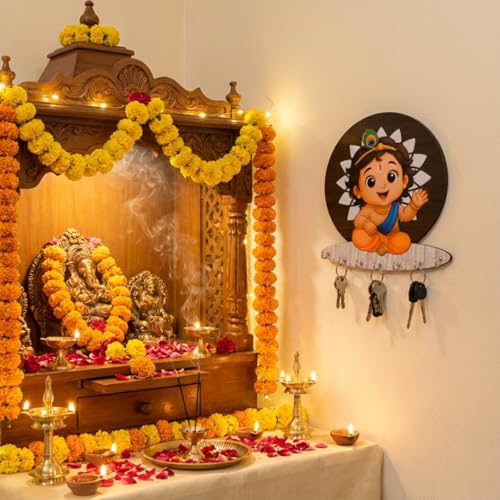 Image of Baby Krishna Wooden Key Holder for Home Without Drill, Brown, 20x25 cm, 7 Hooks, Modern Style, No-Drill Wall Mount Design for Home Office, Decorative Key Stand (Bal Krishna)