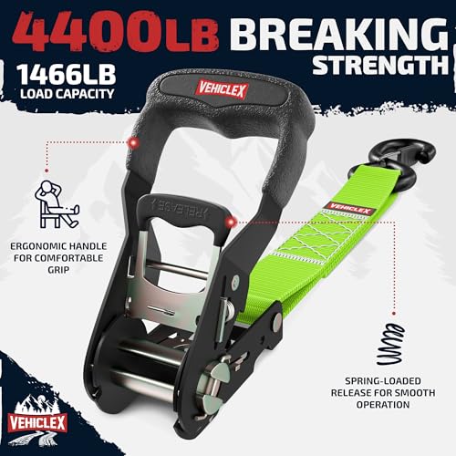 Image of Vehiclex 1.5 inch x 8' Motorcycle Ratchet Tie Down Straps, 4 Pack, Green | 4,400 lbs Break Strength, Full Bend S Hooks with Safety Clips, Soft Loops, for Powersports