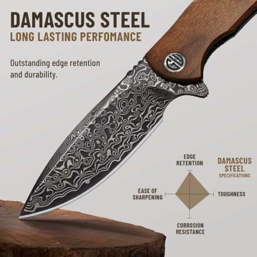 Image of GOOD WORKER Pocket Knife - Smooth Ball Bearing Pivot - Guibourtia Wood Handle - Elegant Gift-Ready EDC Knife with Deep Carry Clip, Legal in All States - Gifts for Men, Women - 6700 D