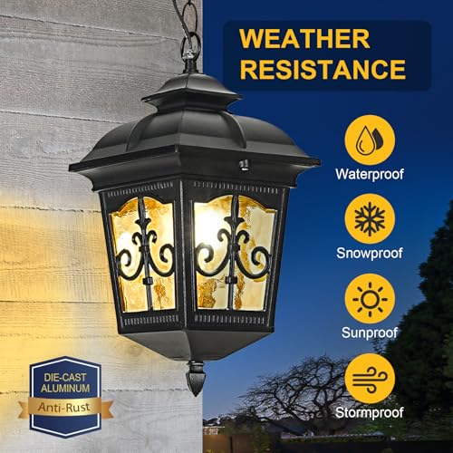 Outdoor Pendant Lights for Porch Entryway Yard Front Door Patio, Waterproof Outside Hanging Lights Fixture Adjustable Chain Black Exterior Lantern Pendant Lamp Outdoor Chandelier, 2 Pack