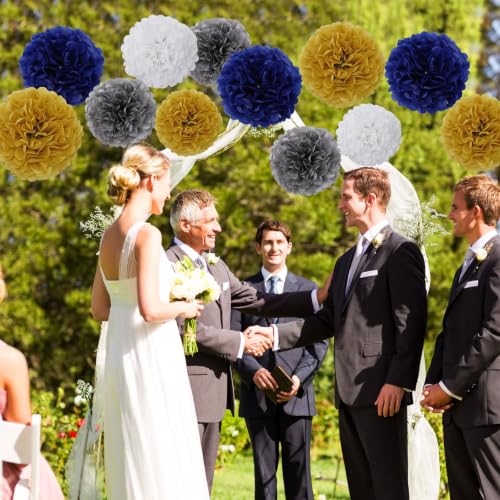 Image of BestoFun 16 PCS Pompoms Paper Flowers Decorations Navy Blue White Gold Party Decoration Navy Blue White Silver Party Decorations Graduation Baby Shower Gender Reveal Decorations Lasting Surprise