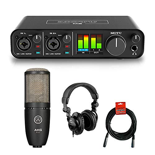Motu M2 2x2 USB Audio Interface with AKG Project Studio P220 Condenser Mic, HPC-A30 Studio Monitor Headphones & XLR Cable Bundle