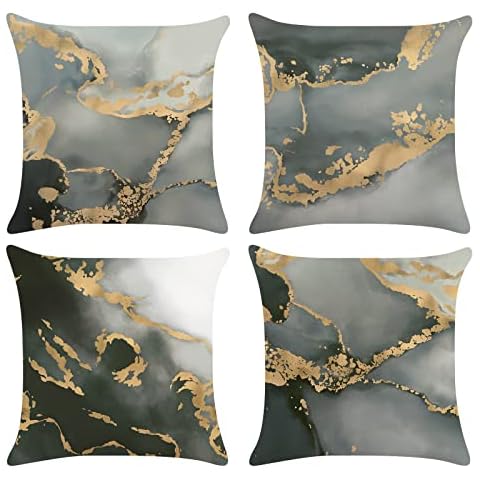 Bonhause Marble Cushion Covers 18 x 18 Inch Set of 4 Grey Black Gold Abstract Art Modern Decorative Pillow Covers Soft Velvet Pillowcases for Couch Bed Indoor Outdoor Decor, 45 x 45 cm Cover