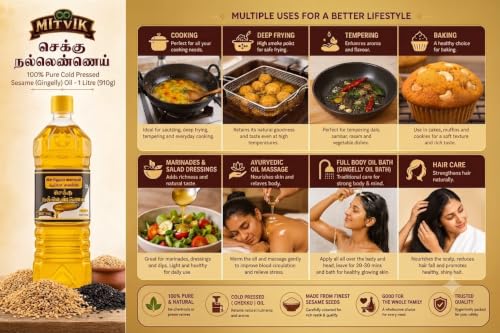 Image of MITVIK 100% Pure Cold Pressed Sesame /Gingelly Oil | Traditional Cold Pressed Sesame Oil | Unrefined & Naturally Filtered | No Chemicals or Preservatives | Rich Aroma for Everyday Cooking. (500 ml)