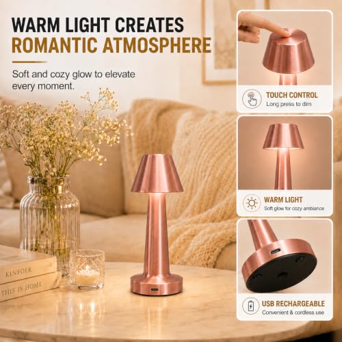 Image of One94Store Rechargeable LED Table Lamp with Touch Control | Cordless Portable Desk Lamp, 3 Color Dimmable Lighting | Rose Gold Metal Lamp for Bedroom, Living Room, Restaurant, Study, Cafe & Home Decor