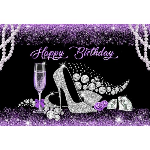 Baocicco 10x8ft Happy Birthday Backdrop Pearl and Diomand High Heel Shoes Banner Decorations Purple Glitters Photography Background Queen's Party 30th 40th 50th Birthday Party Photo Studio Prop