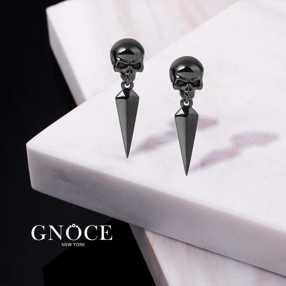 Gnoce Pendientes de calavera de plata de ley con punzón negro, aretes colgantes de moda para mujeres y hombres