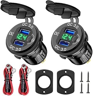 2Pcs USB Car Charger Socket 12V, 36W Quick Charge 3.0 Dual USB Charger Power Outlet Panel Fast Charge Adapter with Switch LED Voltmeter for Vehicles Boat Motorcycle SUV RV Truck Caravan, Green