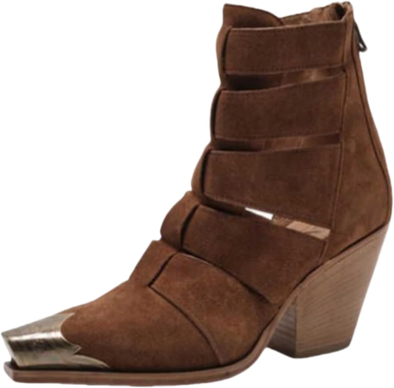 keleimusi Women's Western Cowgirl Ankle Boots Stacked Block Heel Cowboy Booties Steel Toe Heeled Short Fisherman Boot Back Zipper Western Boots for Women