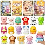 AUUGUU 28 Valentines Day Cards with Cute Animal Squishy Toys – Classroom Exchange Valentines for Kids, Pun Cards, Stress Relief Slow-Rising Squishies, School Party Gift Set