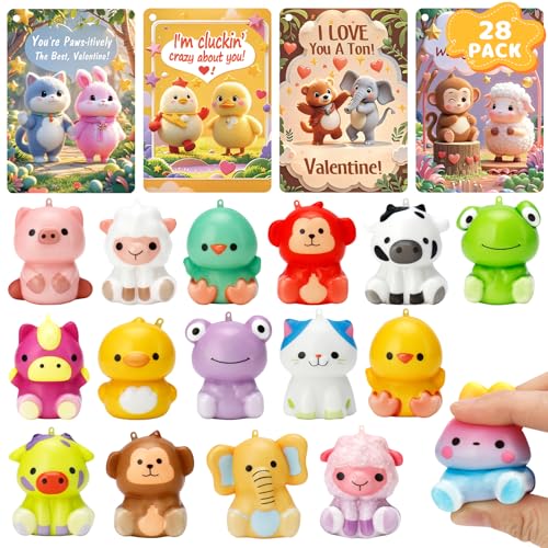 AUUGUU 28 Valentines Day Cards with Cute Animal Squishy Toys – Classroom Exchange Valentines for Kids, Pun Cards, Stress Relief Slow-Rising Squishies, School Party Gift Set