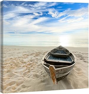 Wieco Art Boat Modern Seascape Giclee Canvas Prints Artwork Landscape Pictures to Photos on Stretched Canvas Wall Art Ready to Hang for Home Office Decorations 20 by 20 inch