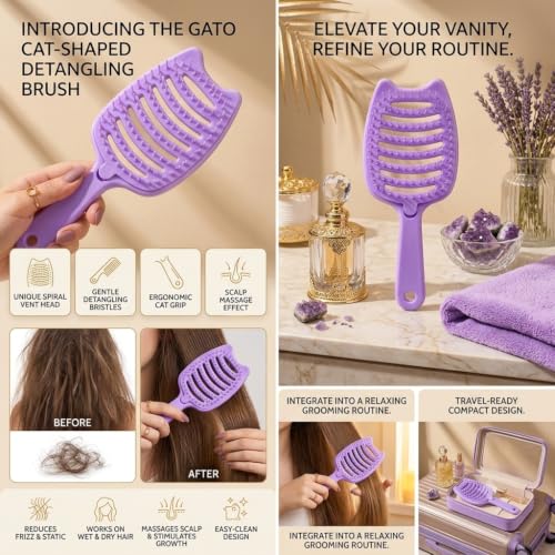 Image of Premium 3D Detangling Hair Brush for Women & Men- Anti Hair Fall Comb for Curly, Wavy & Straight Hair | Hair Straightening Brush, Wet & Dry Styling Brush | Scalp Massager, Frizz Control & Tangle Free Grooming Brush (PACK OF 1) (CAT PURPLE)