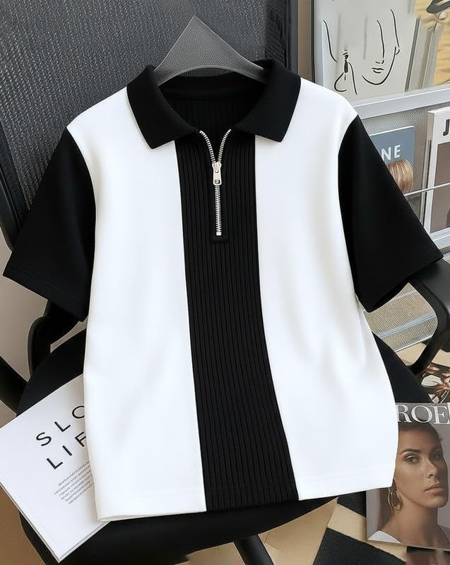 Image of AUSK Men's Textured Vertical Striped Knit Polo T-Shirt | Half Sleeve Zipper Neck Self-Design Casual Tee | Mens Tshirts