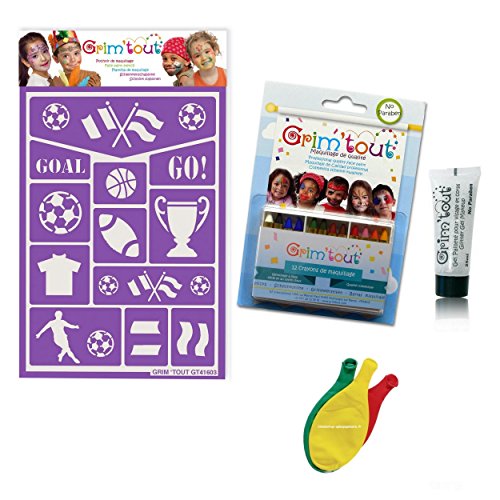 Pack Maquillage Sport Supporter sans paraben: 1 Pochoir + 12 Crayons de Maquillage + 1 Gel pailleté + 3 Ballons Blumie Cover