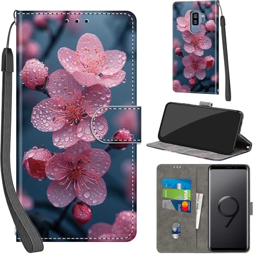 Salanheo Case Wallet for Samsung Galaxy S9 Plus, with [3 Card Slots], Kickstand Magnetic Closure PU Leather Shockproof Protective Flip Cover 6.2', Peach Blossom