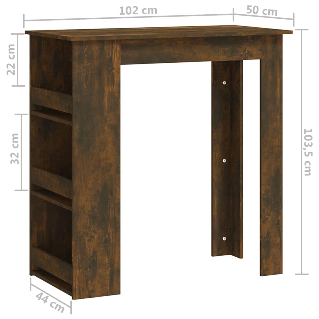 Tavolo da Bar Alto con Ripiani 102x50x103,5 cm Rovere Fumo | Mobile bistrot salvaspazio per cucina o soggiorno con 3 scaffali laterali per riporre bottiglie e accessori.