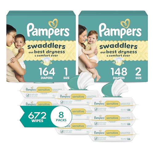 Image of Pampers Baby Diapers and Wipes Starter Kit, Swaddlers Disposable Baby Diapers Sizes 1 (164 Count) & 2 (148 Count) with Sensitive Water Based Baby Wipes 8X Pack Pop-Top (672 Count)
