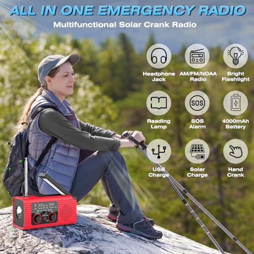 Image of NITIGO Emergency Weather Radio, 4000mAh NOAA Weather Alert Radio Solar Charging, Hand Crank & USB Charged, AM /FM with LED Flashlight, Reading Lamp, SOS Alarm, Headphone Jack for Outdoor Indoor