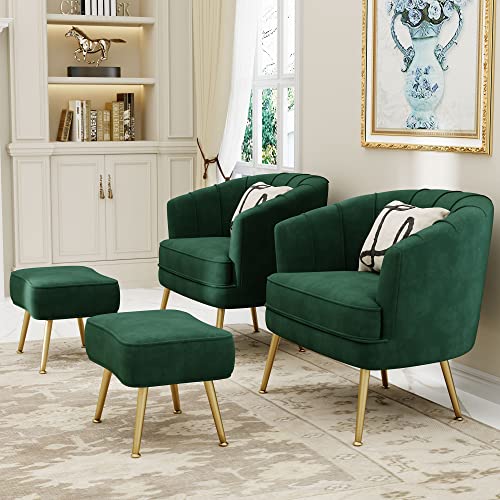 Andeworld Velvet Accent Chair With Ottoman, Upholstered Modern Single Sofa Side Chair,Comfy Barrel Club Living Room Armchair With Golden Metal Legs For Bedroom Living Reading Room Office, Green #TOP4