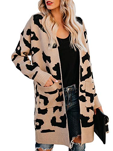 Soulomelody Msikiver Womens Fuzzy Leopard Print Cardigan Sweater Open Front Draped Duster Loose Knit Jacket with Pockets