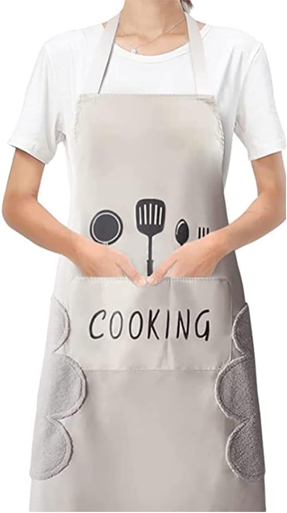 DOCAT Kitchen Apron for Women and Men Dual Side Coral Velvet for Wiping Hands Towel PVC with Center Pocket Waterproof Unique Design Apron fits Men/Women Home Restaurant