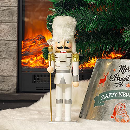 FUNPENY 14\" Christmas Decorative Nutcracker Figures, Handmade Wooden Soldier in White Uniform Hold Scepter, Festive Collectible Nutcracker Gift for Indoor Winter Table Desktop Fireplace Decorations
