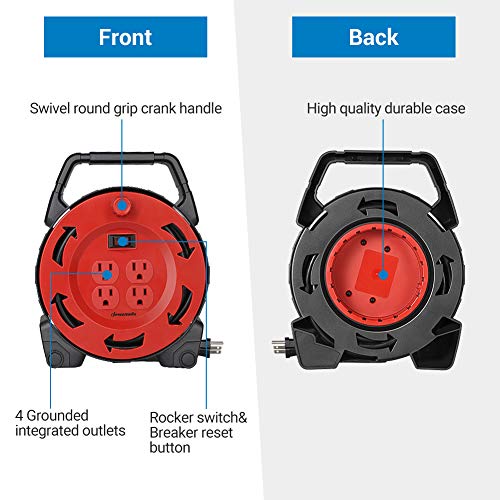 DEWENWILS Extension Cord Reel with 30 FT Power Cord, Hand Wind Retractable, 16/3 AWG SJTW, 4 Grounded Outlets, 13 Amp Circuit Breaker, Red Black, UL Listed by Dewenwils - Image 5