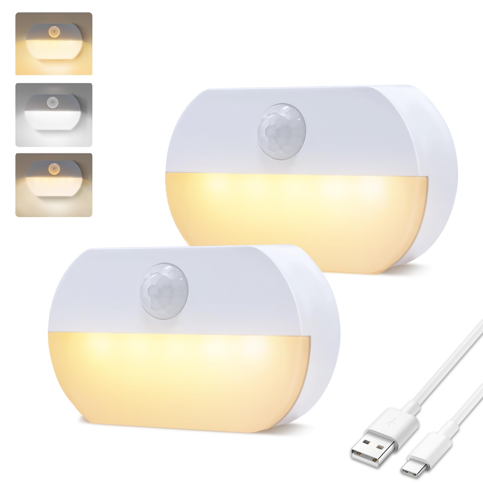 YzzYzz LED Nachtlicht mit Bewegungsmelder, LED Nachtlicht Kinder, USB Wiederaufladbar, Nachtlampe für Schlafzimmer, Schrank, Toilette, Flure, Treppenbeleuchtung (2 Stück Warmweiß)