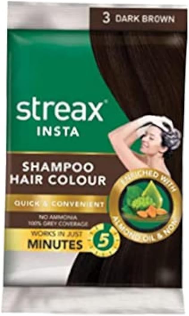 Streax Insta Shampoo Hair Colour Dark Brown 25ml Sachet (5 Pack) | Quick Grey Coverage | Ammonia-Free | Easy Application | Long-Lasting Color | Travel-Friendly Hair Dye Shampoo